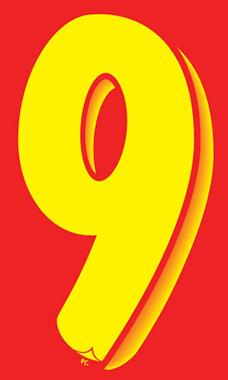 11 ½ inch Windshield Numbers And Symbols - Yellow/Red - "9"