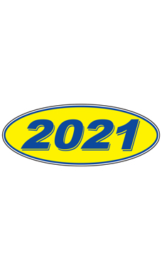 Oval Windshield Year Stickers - Blue/Yellow - "2021"