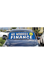 Windshield Banner With Bungee Cord - "No Worries Finance"