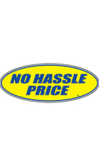 Oval Windshield Slogan Sticker - Blue/Yellow - "No Hassle Price"