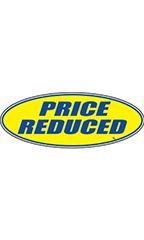 Oval Windshield Slogan Sticker - Blue/Yellow - "Price Reduced"
