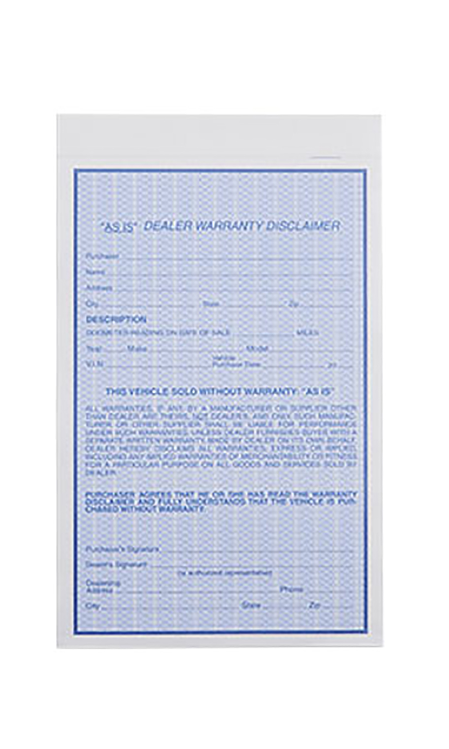 "As Is" Warranty Disclaimer Form SSW Dealer Supply