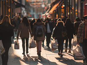 An image of people in a crowd holding shopping bags and walking down a busy street