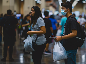 An image of two people waiting in a line and holding plastic shopping bags