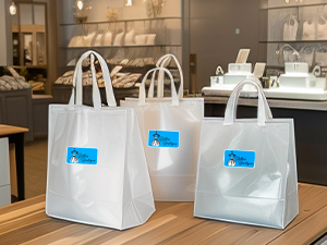 An image of white frosted plastic shopping bags sitting on a counter