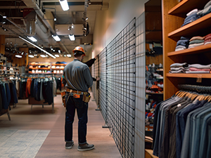 An image of a construction worker in a retail store hanging wire grid panels on a wall