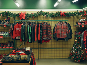 A image of a retail store that is decorated for christmas with greenery and red, green, and black shirts