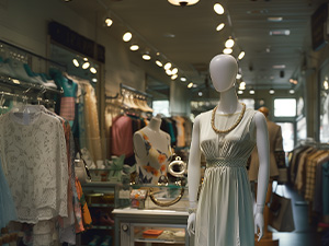 Image of white mannequin in a storefront wearing a dress and necklace