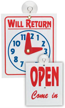 OPEN COME IN Back WILL RETURN Movable  CLOCK  W/ Hanging Chain 7.5"x 9" Sign 