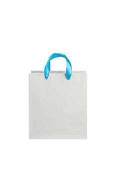 Medium White on Kraft Premium Folded Top Paper Bags Light Blue Ribbon Handles