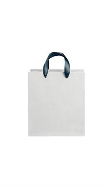 Medium White on Kraft Premium Folded Top Paper Bags Navy Ribbon Handles