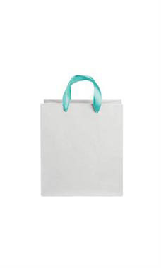 Medium White on Kraft Premium Folded Top Paper Bags Turquoise Ribbon Handles