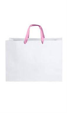Large White Premium Folded Top Paper Bags Light Pink Ribbon Handles