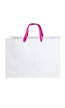 Large White Premium Folded Top Paper Bags Hot Pink Ribbon Handles