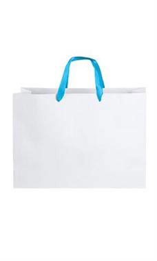 Large White Premium Folded Top Paper Bags Light Blue Ribbon Handles