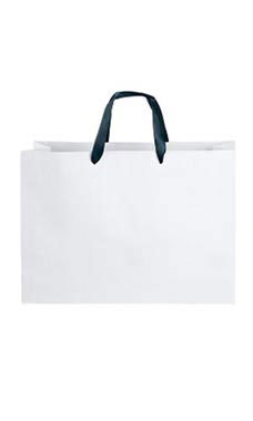 Large White Premium Folded Top Paper Bags Navy Ribbon Handles
