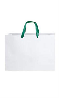 Large White Premium Folded Top Paper Bags Dark Green Ribbon Handles