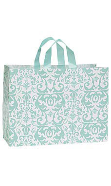 Large Aqua Damask Frosted Plastic Shopping Bags - Case of 25