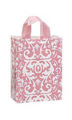 Medium Pink Damask Frosted Plastic Shopping Bags - Case of 25