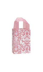 Small Pink Damask Frosted Plastic Shopping Bags - Case of 100