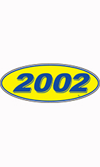 Oval Windshield Year Stickers - Blue/Yellow - "2002"
